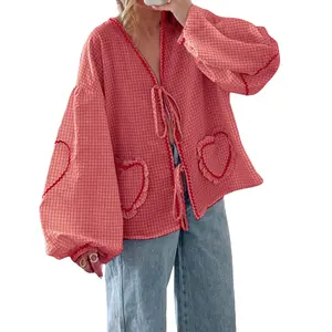 Women Long Sleeve Shirts Heart Embroidery Plaid Front Bowknot Tie-Up Blouses Fashion Spring Summer Casual Tops Pink Check