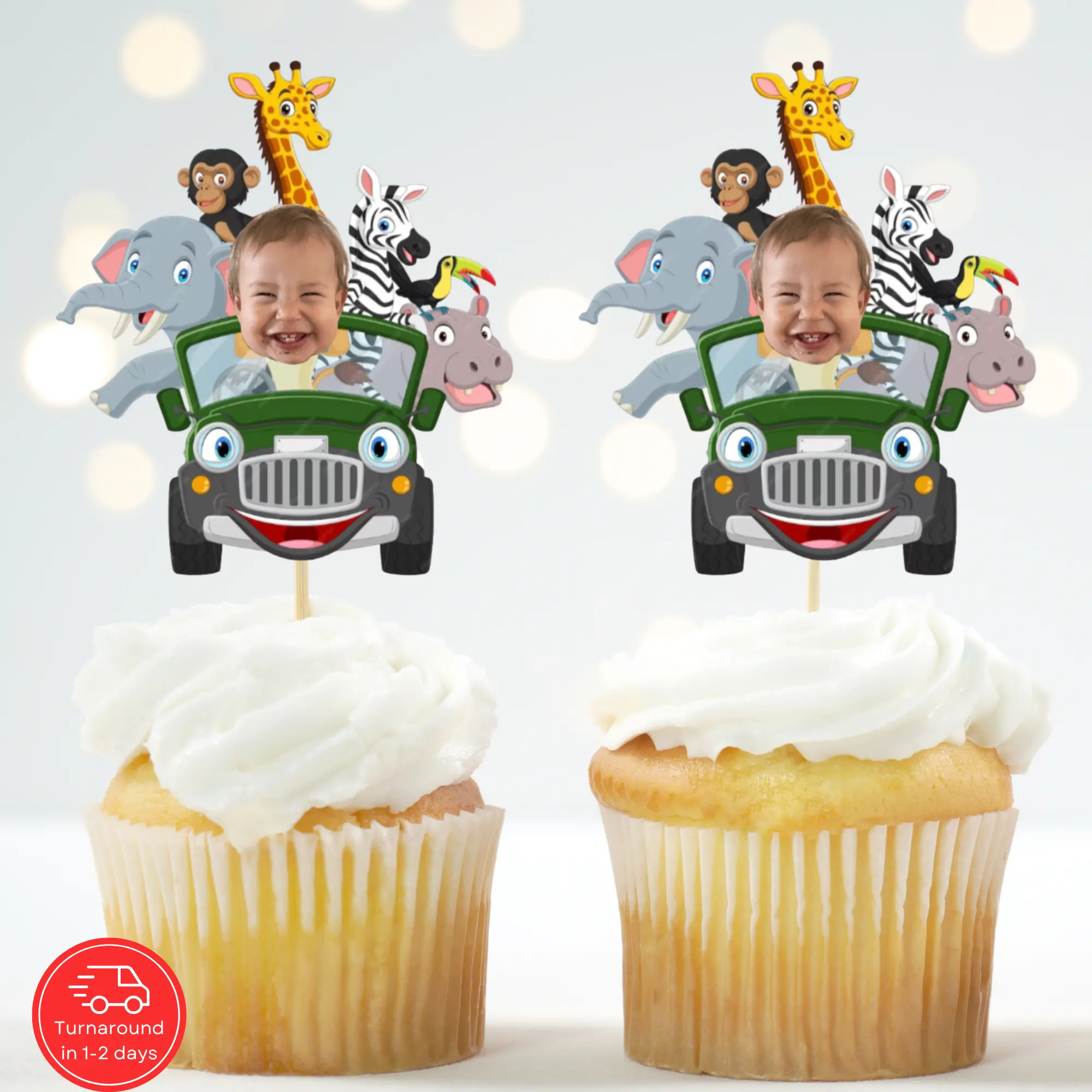 Custom Jungle Safari Cupcake Topper with Photo - Wild One or Two Wild Birthday Theme