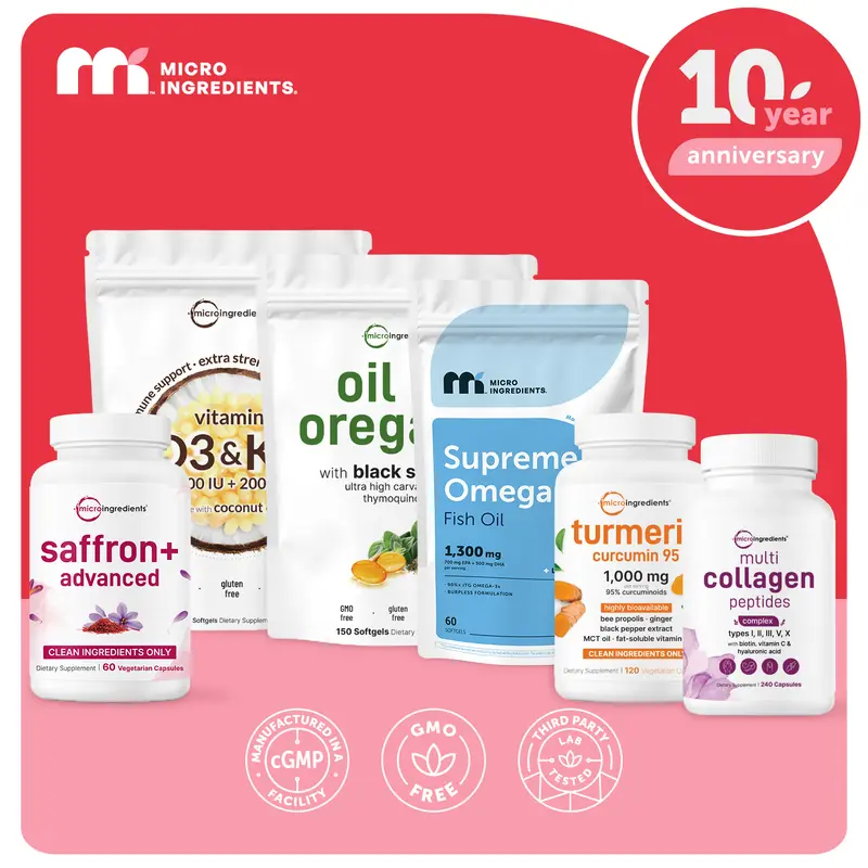 Micro Ingredients Signature Bundle: Oregano Oil 150 Softgels, Supreme Omega-3 Fish Oil 60 Softgels, Turmeric Curcumin 120 Vegetarian Capsules, Multi Collagen Complex 240 Capsules, Saffron+ Advanced 60 Capsules & Vitamin D3 K2 180 Softgels