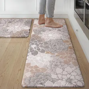 Kitchen Mats for Floor, Kitchen Rugs Non Slip Washable Sets of 2,  Cushioned Anti  Mat, Floral Runner Rug for Laundry, Sink, Office, , 17.3"x47"+17.3"x30", Taupe Grey