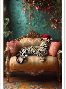 Trendy Cheetah Wearing Santa Hat Posters Funny Jungle Animal Wall Art Happy Leopard Lying On The Sofa Prints