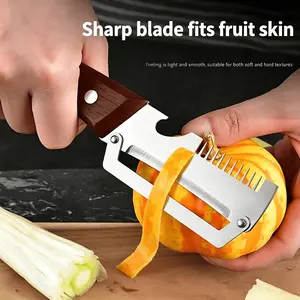 【2 pack】3-in-1 Wooden Handle Multifunctional Peeler - Vegetable & Fruit Peeler, Green Onion Slicer & Bottle Opener, Ultra Sharp Stainless Steel Kitchen Tool