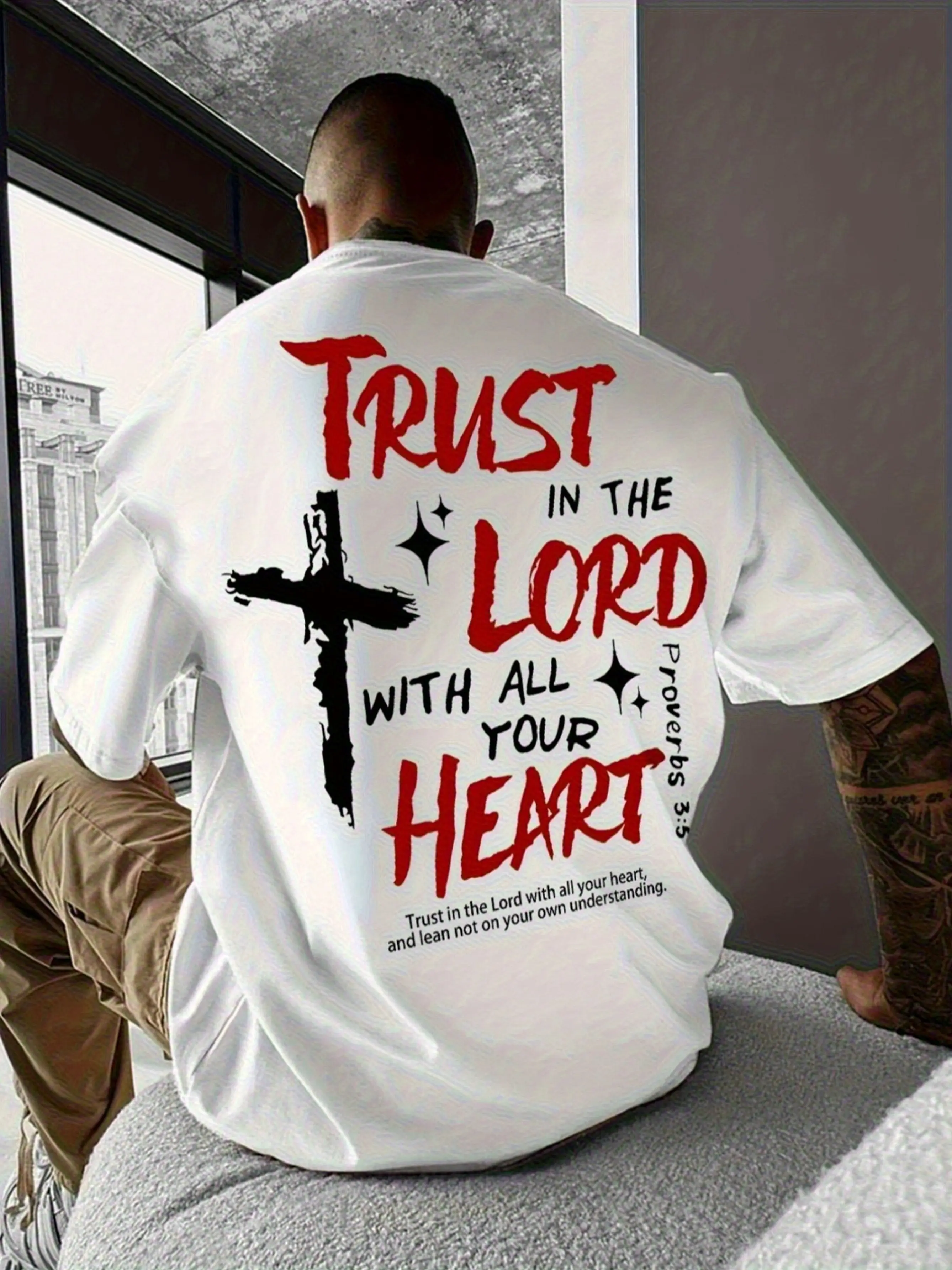 Men'S Plus Size Pure Cotton Short Sleeve T-Shirt - Proverbs 3:5 'TRUST IN THE LORD' Print, Religious Christian Top, Soft  Cotton, Oversized Fit, Breathable & Machine Washable, Vintage Streetwear Style for Daily & Work Wear, Ideal Gift for Big & Tall,