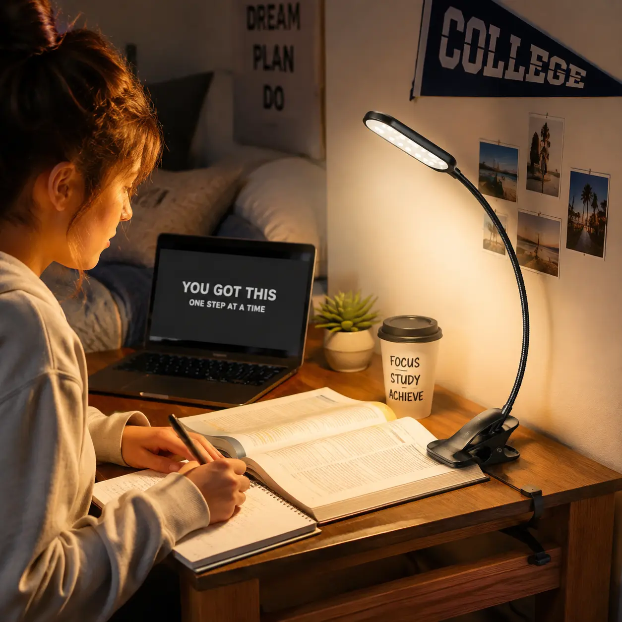 Dorm Desk Lamp, Rechargeable Clip-On Reading Light, Space-Saving LED Lamp with Flexible Gooseneck for Study, Bed & Office