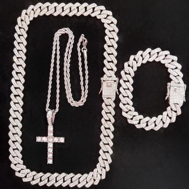 Rhinestone Cross Pendant Chunky Chain Necklace & Bracelet for Women & Men (3counts), Necklace And Bracelet Set, Fashion Jewelry for Party, Daily Clothing Decor, Birthday Gift, Charm Necklace