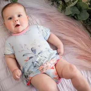 Blossom Snooze Bodysuit Dress, 93% Bamboo + 7% Spandex, Soft Stretch Fit, Short Sleeve Bodysuit Dress, Snap Closure at Inseam, [Color], [Size]