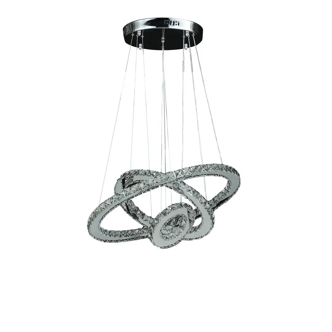 Contemporary Crystal Ring Chandelier, YYDS Eira Small Triple Hoop, 11.8-47.2in Adjustable Height, Pure White Integrated LED (3000 Lumens, 50000 Hours), Remote Control Dimmer, Stainless Silver Chrome, 110-120V, 12.5x12.5x1.25in Indoor Use Lighting Fixture,