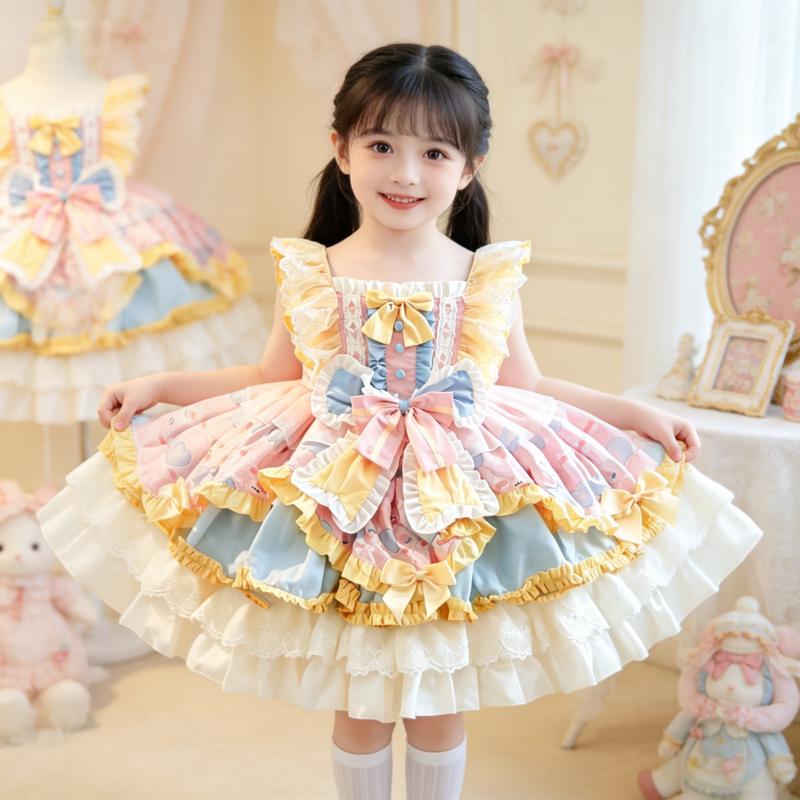 Kids’ Pastel Cute Sleeveless Princess Tutu Dress - Polyester, Multi-Layer Ruffle, Bow-Accent Charm, Soft Lace Detail, Breathable, Cake-Like Silhouette, Cool All-Day Wear, Casual Dress for Birthdays, Parties - Hand Wash Only, No Dry Clean