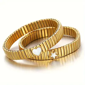 Vintage 14K Gold Plated Golden Plated Stainless Steel Stretchable Bracelet with Star & Heart Shell Charms - Multi-Row Layered Design for Women, Durable Everyday Jewelry Gift bracelet stack friendship bracelets italian charm bracelet arm link