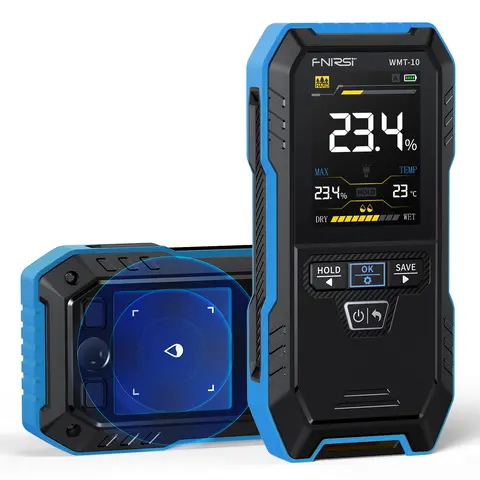 FNIRSI WMT-10 Pinless 4-In-1 Handheld Grip Wall/Wood Moisture Meter High-Precision Non-Destructive Inductive Work Tool 2.4-Inch Color Screen 1000mAh Battery 17mm Detection Flashlight Data Storage Color Alerts Sound Alerts for Home & Building Use toolupgra