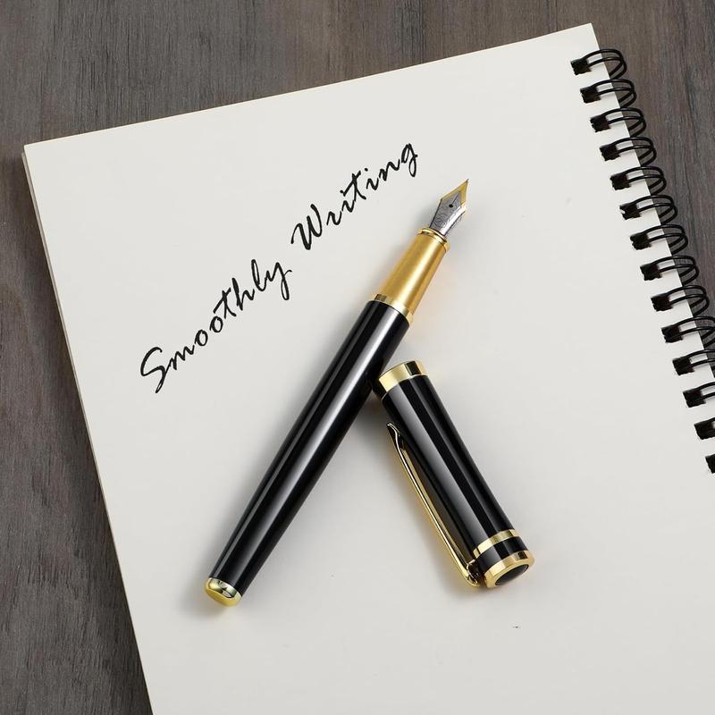 Luxury Metal Fountain Pen Set, 0.5 mm Fine Nib Fountain Pen with 6 Pcs 2.6mm Black Ink Cartridges Smooth Writing Pen Gift for Men Women Business Office Journaling