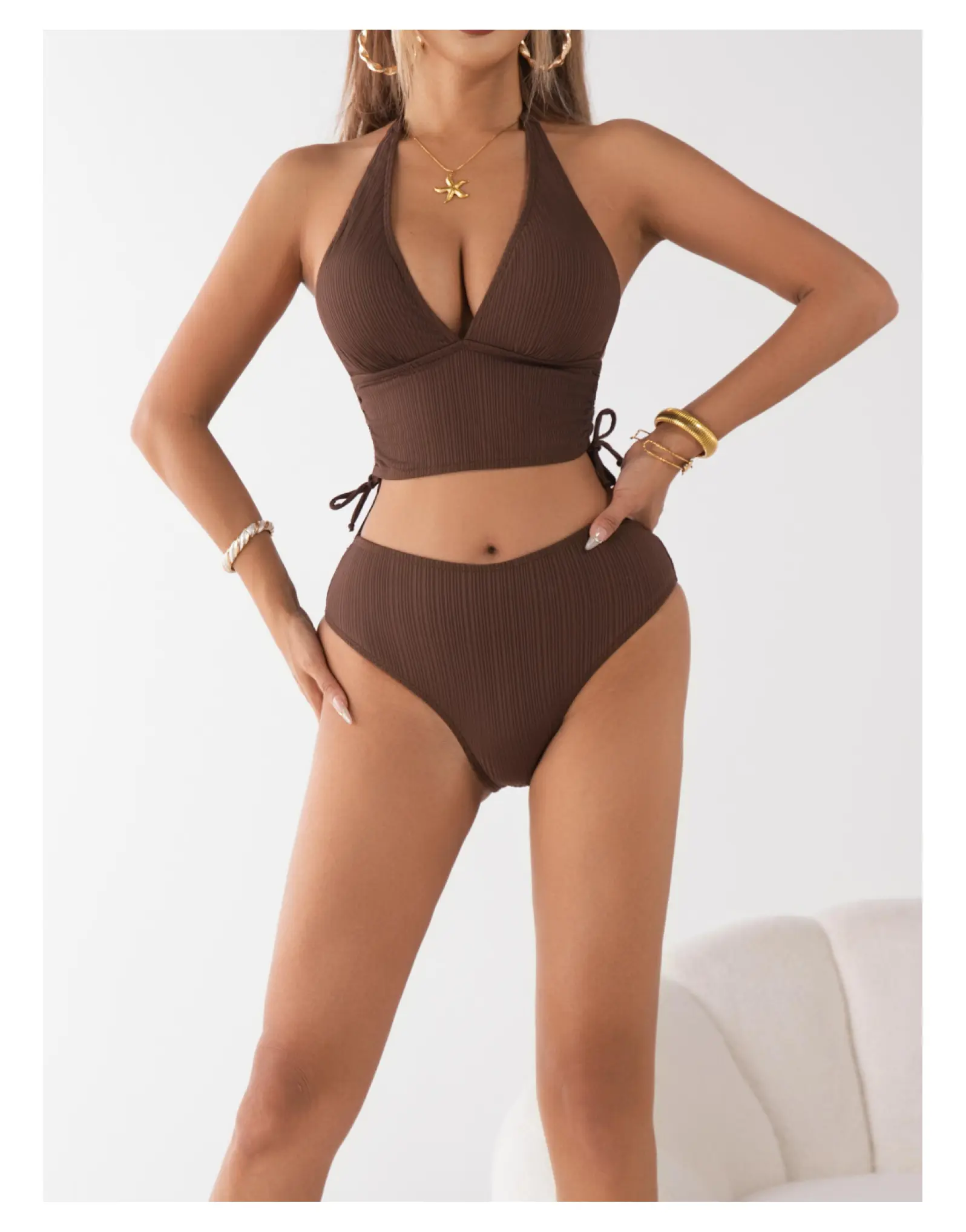 Women's Ribbed Halter Bikini Set - Brown Deep V High-Waisted Swimsuit with Tie Details - Sexy Two Piece Bathing Suit for Women - Summer Beach Pool