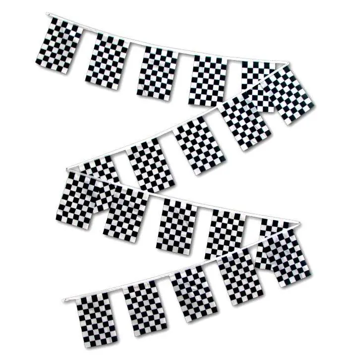 Plaid Checkered Black and White Polyester Flag String Set - 30 ft, 20 Pieces, 12x18 in Banners for Home Decor, Party Backdrops