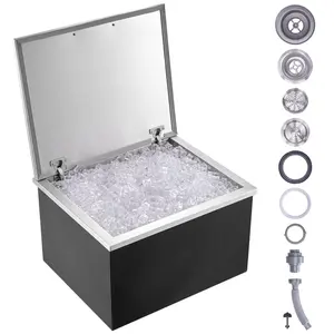 VEVOR Drop in Ice Chest, 28Lx 16Wx 17H Stainless Steel Ice Cooler, Commercial Ice Bin with Hinged Cover, 40 qt Outdoor Kitchen Ice Bar, Drain-pipe and Drain Plug Included, for Cold Wine Beer