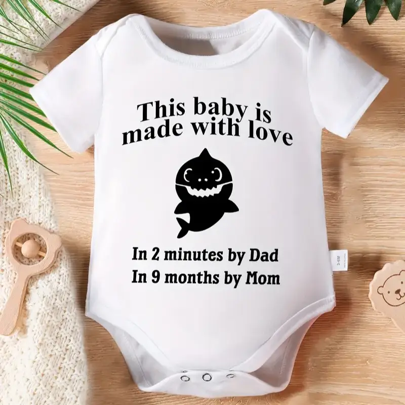 Adorable 100% Cotton Baby Girl Jumpsuit with Love & Shark Graphic - Short Sleeve, Round Neck, Crew Neck, Unisex, Summer, Fitted, Machine Washable