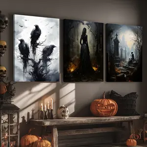 3 Counts Wooden Framed Canvas, Dark Witch, Dark Skeleton, Crow, Halloween Home Poster, Halloween Party Decorations, Living Room And Bedroom Hanging Paintings, Horror Theme, Interesting Posters, Exquisite Gifts, High-Definition Art, Modern Art Design