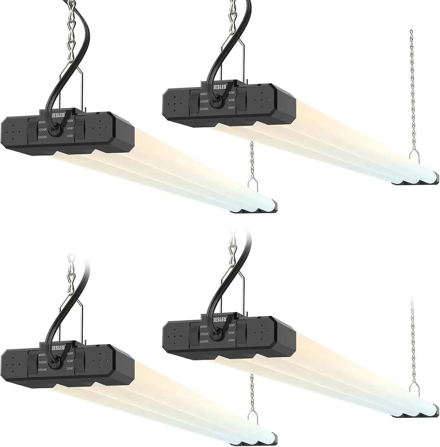 JESLED LED Shop Lights 4FT, 3CCT Selectable 4000K/5000K/6500K, Adjustable 30W/40W/50W, 7500LM Super Bright (300W Equivalent), Linkable Utility Light for Garage, Ceiling or Hanging Mount, ETL, 4 Pack