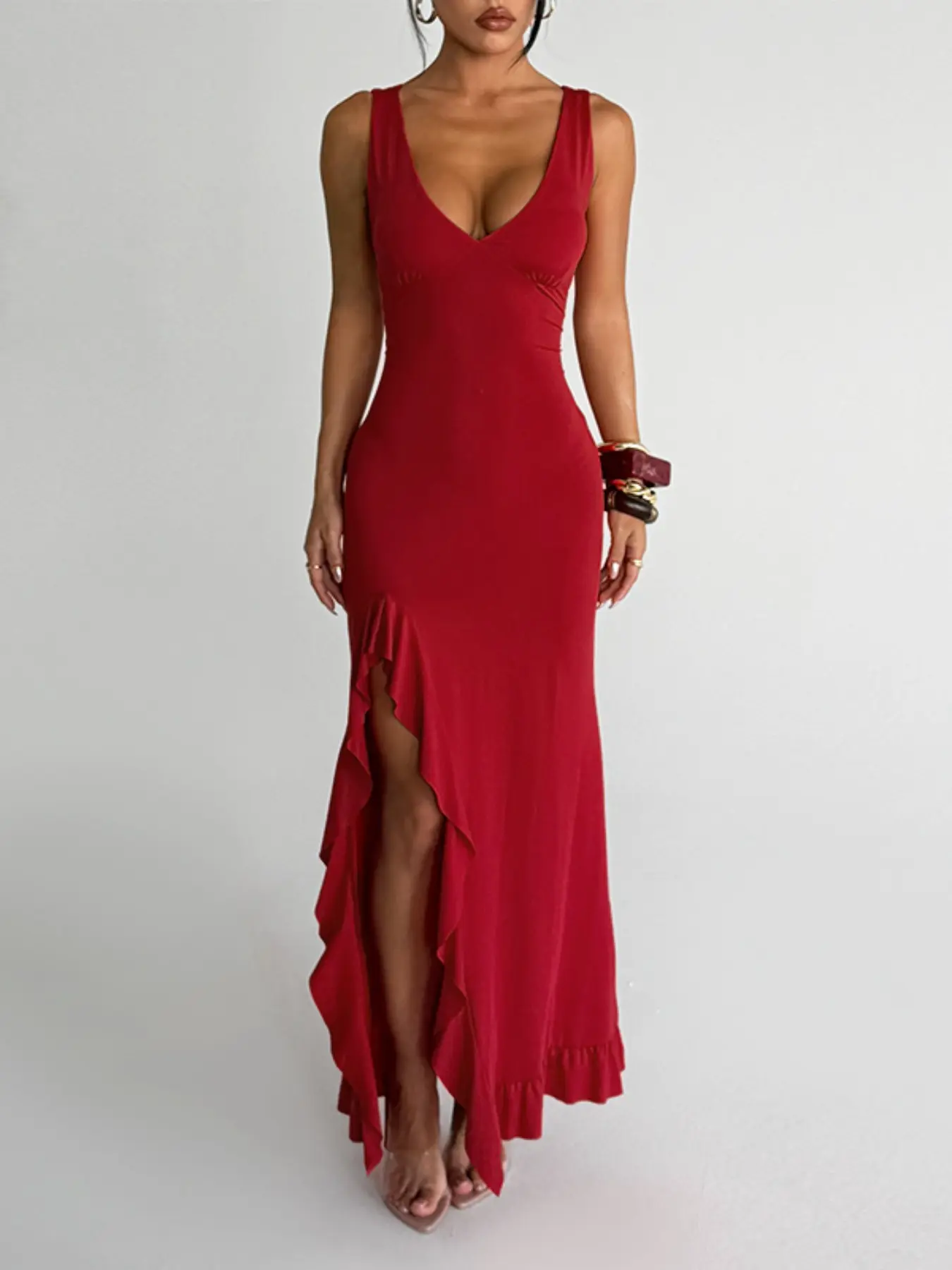Elegant V-Neck Maxi Dress, Backless Split-Thigh Design, Sleeveless Slim  Fit, Perfect for Spring & Summer, All Season Wear, Womenswear, Lady -  TikTok Shop
