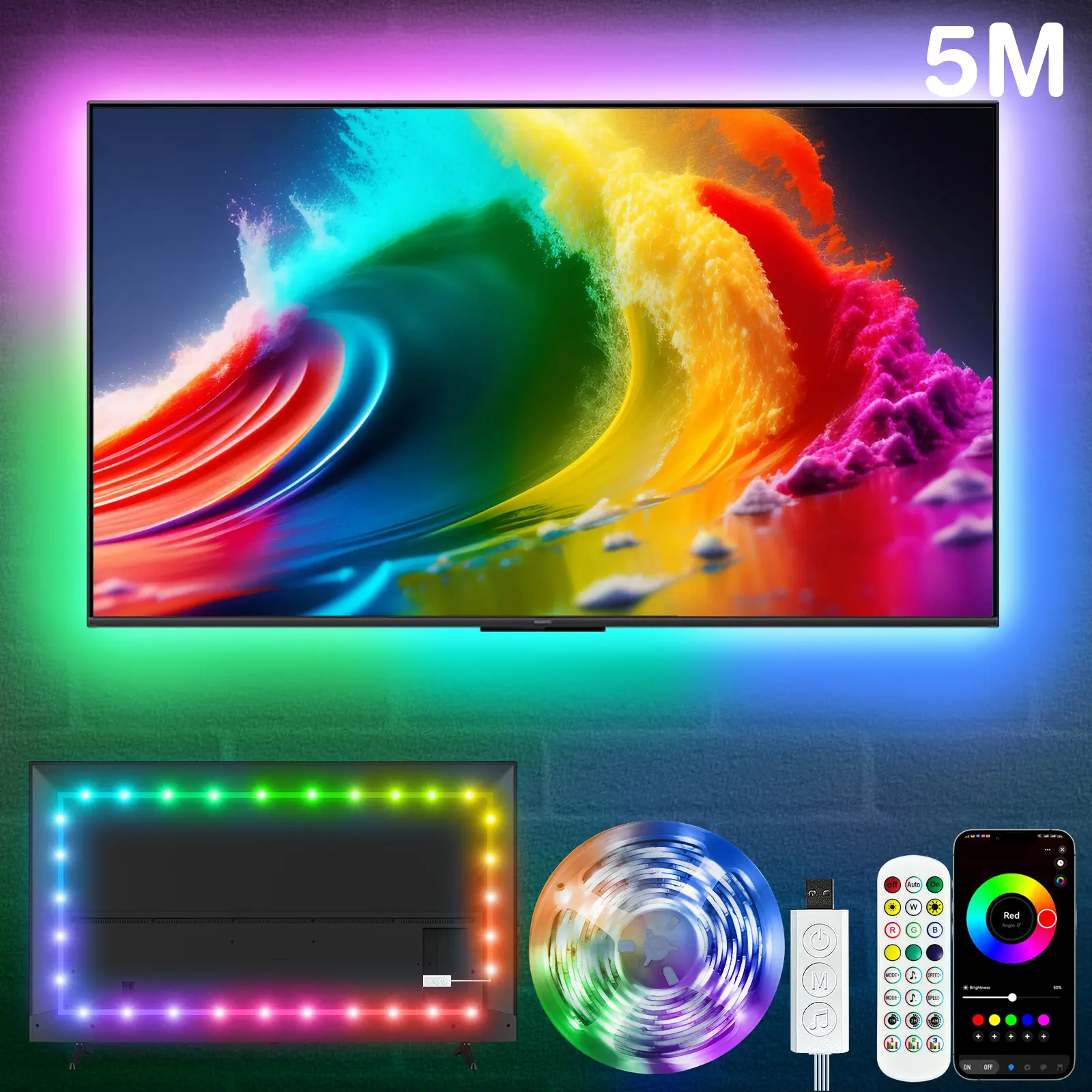 USB-Powered TV Backlight RGB LED Ambient Strip Light for Home Decoration, Bedroom Living Room and Gaming Room Backlit Effects, Music Sync  Remote & APP Control  Lighting