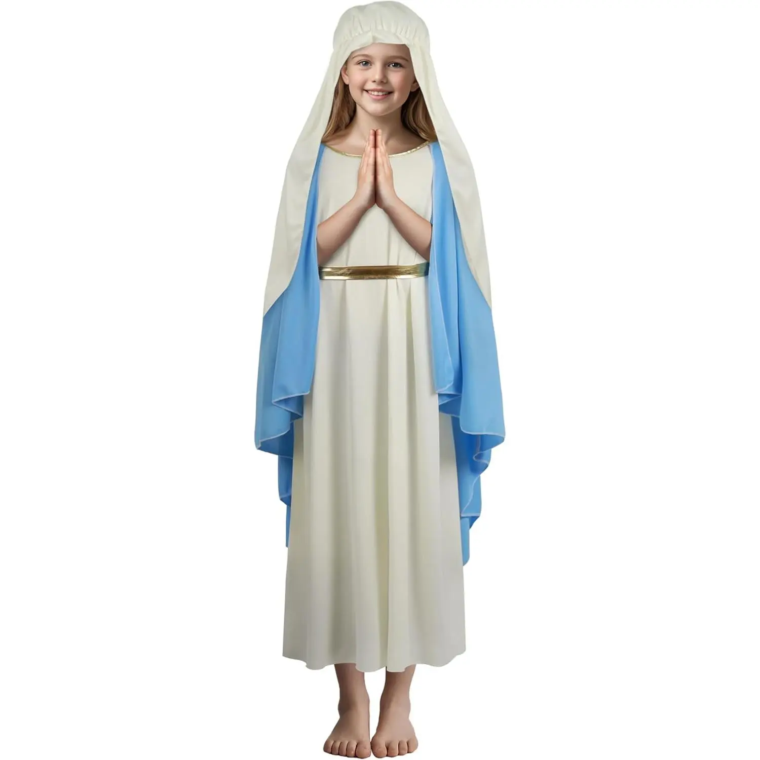 Girls' Virgin Mary Halloween Bible Costume Set - Polyester Clothes, Breathable Full-Length Robe, Church Events Prop, Festive Party Accessory