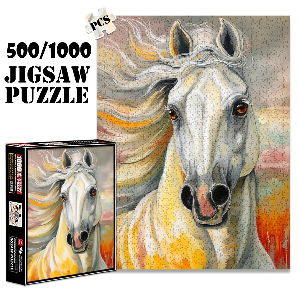 1pc 1000 piece adult puzzle 70x50cm Painting of a Majestic White Horse with Flowing Mane 500 pieces of paper jigsaw puzzle, suitable for adults and families, large-scale DIY puzzle interactive toy