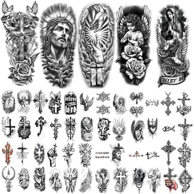 77 Sheets Christian Temporary Tattoos | Cross & Angel Faith Designs | Black Ink Realistic Religious Body Art | Large Half Arm & Small Detail Tattoos | For Women Men Adults & Kids