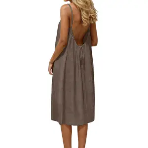 Women's Solid Color Cami Lounge Dress, Elegant Sleeveless Knee-Length Dress for Summer, Ladies Sleepwear for Indoor Wear
