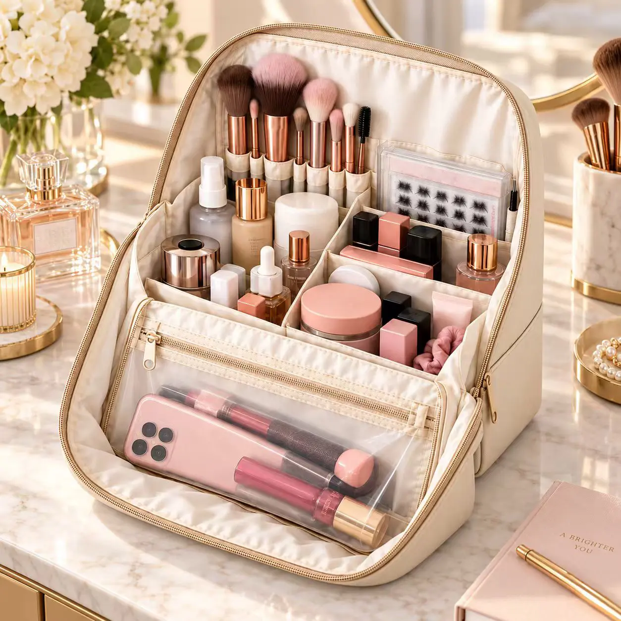 Clean Girl Travel Makeup Bag with Luggage Strap, Minimalist Waterproof Leather Vanity Bag, Large-Capacity Zippered Multifunctional Organizer, Cosmetic & Toiletry Storage, Ideal Cruise & Vacation Travel Must-Have