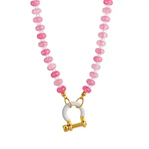 Colorful Dopamine Beaded Necklace for Women, 14K Gold Plated Shackle Clasp Choker, Pastel Pink Blue Green Beaded Trendy Y2K Fashion Jewelry, Boho Statement Necklace for Summer Beach Vacation Party Daily Wear