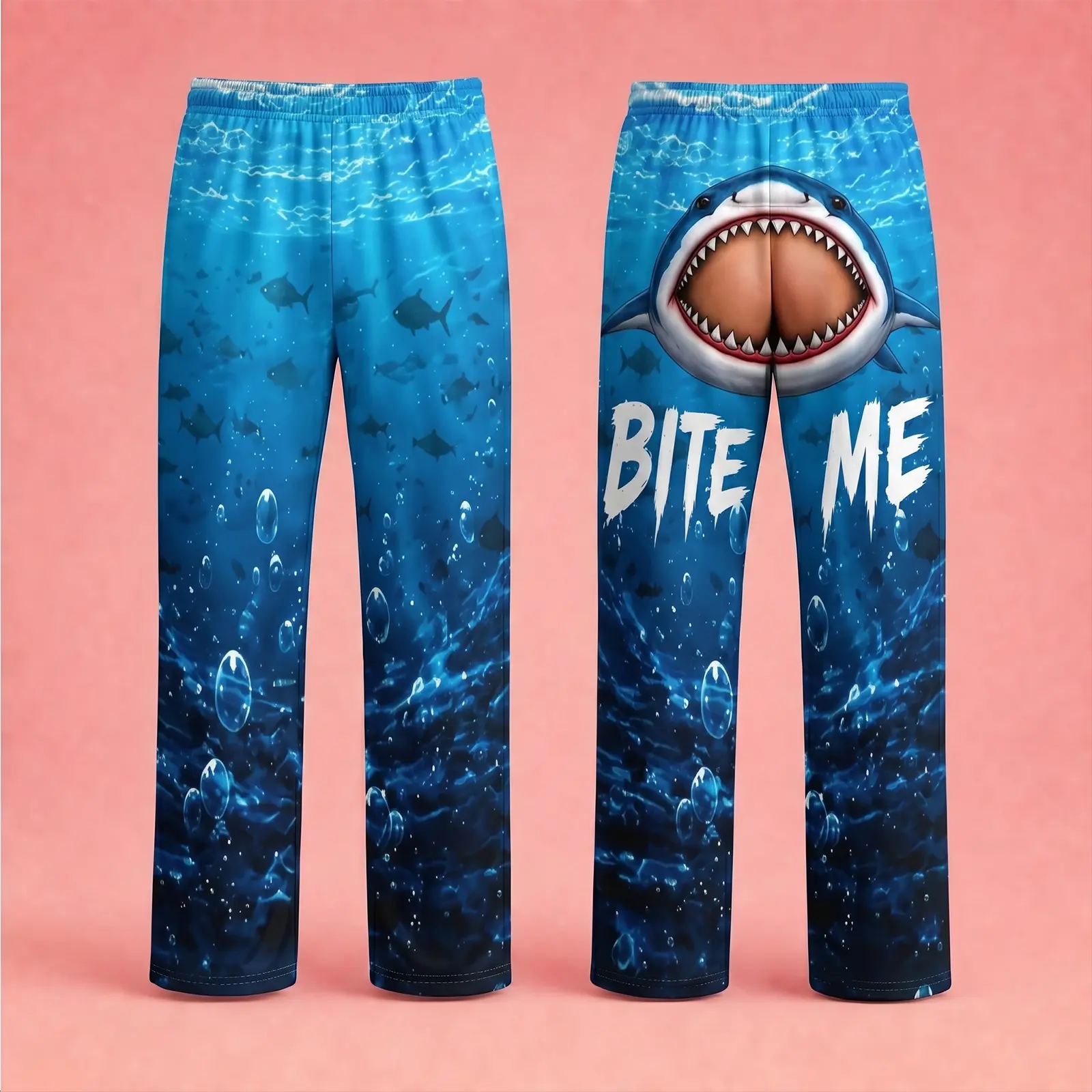 Funny Shark BITE ME Pajama Pants Unisex - 3D Butt Shark Attack Lounge Pants, Funny Gift Made in USA