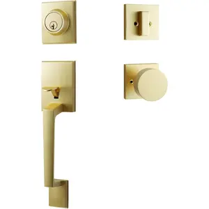 Modern Satin Brass Front Door Handle Entry Door Lock Set - Single Cylinder Deadbolt with 3 Keys, Reversible Exterior Door Knob for Left and Right Hand