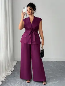 【Plus Size】 Solid Color Belted Blazer & Wide Leg Pants Set, Elegant Chic Fashion Casual Two-piece Outfits for Daily Outdoor Wear, Womenswear for All Seasons