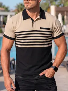 Men's waffle knit Classic Polo shirt with striped color blocks and short sleeves. It is a comfortable and breathable piece that is suitable for both daily and vacation wear, making it a fashionable and casual item.