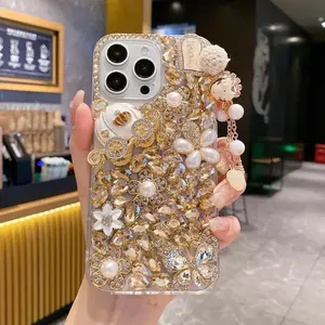 iPhone 17 Pro Max Cellphone Flash Protective Case Protection, 3D Luxury Diamond Crystal Gem Flower Pumpkin Handle Handmade Pearl Tower Soft Tpu Back Cover