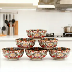 Boho Ceramic Bowl Set of 6, Microwave Oven Safe, Dishwasher Friendly, Colorful Bohemian Style, Durable Kitchen Utensils, 5.91 Inch Fruit Salad Bowls, Ceramic Pasta Bowls, Dinnerware