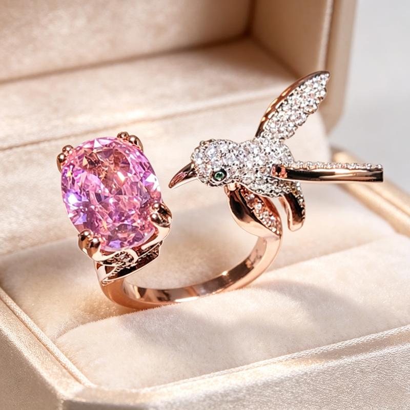 Women's Elegant Rose Gold-Tone Prong-Set Pink Oval Stone Hummingbird Cocktail Ring - Female Bird-Shape Charm Finger Jewelry, Engagement Gift for Party Anniversary