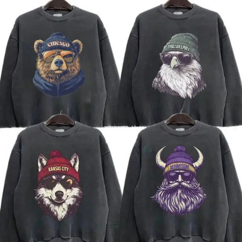 Retro Style Varsity All Team Football Sweatshirt - Dark Heather Color, Spirit Animal Football Unisex Sweatshirts, Vintage Game Day City Football Casual Home Town Pullover, City Animal Sports Long Sleeve Menswear Graphic, Gifts For Football Fans