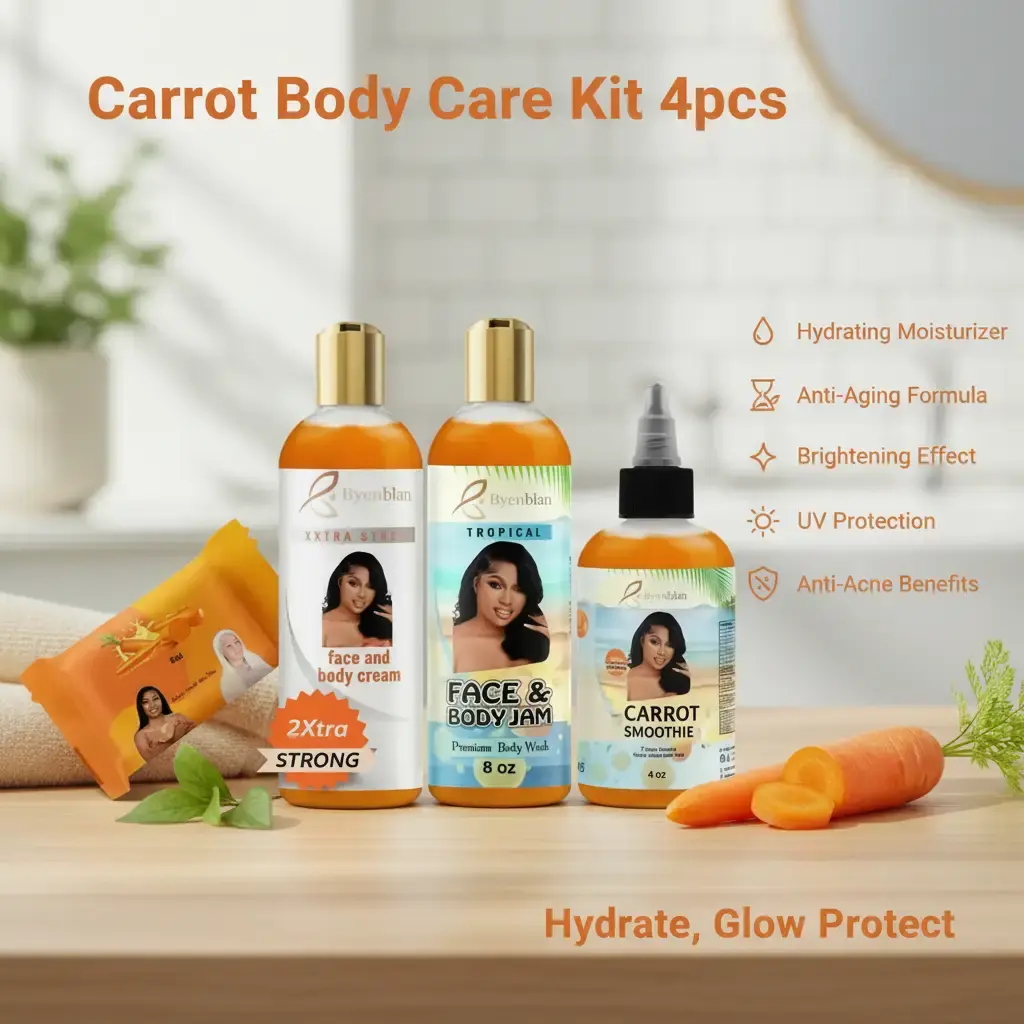 BYENBLAN 4-Piece Carrot Bath & Body Care Set - Hydrating Moisturizer, Nourishing Cream, UV-Protective Soap for Daily Skin Care, Soothing, Face & Body, Moisturizing