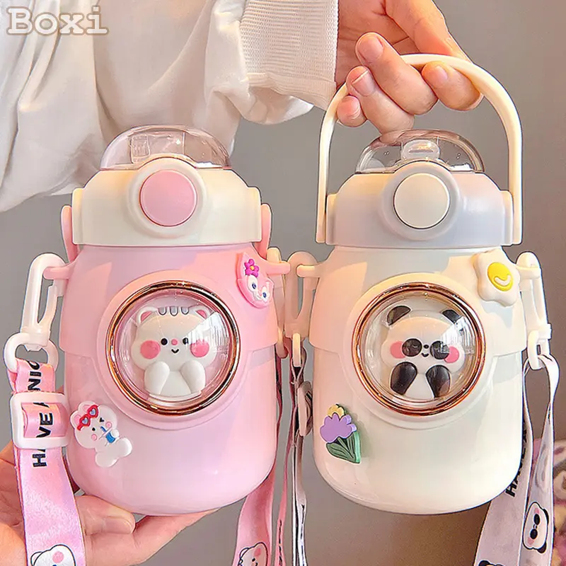 700ml Cute Cartoon Thermos With Straw Bottle Kids Stainless Steel Flask Big Belly Water Cup Portable School Insulation Thermal