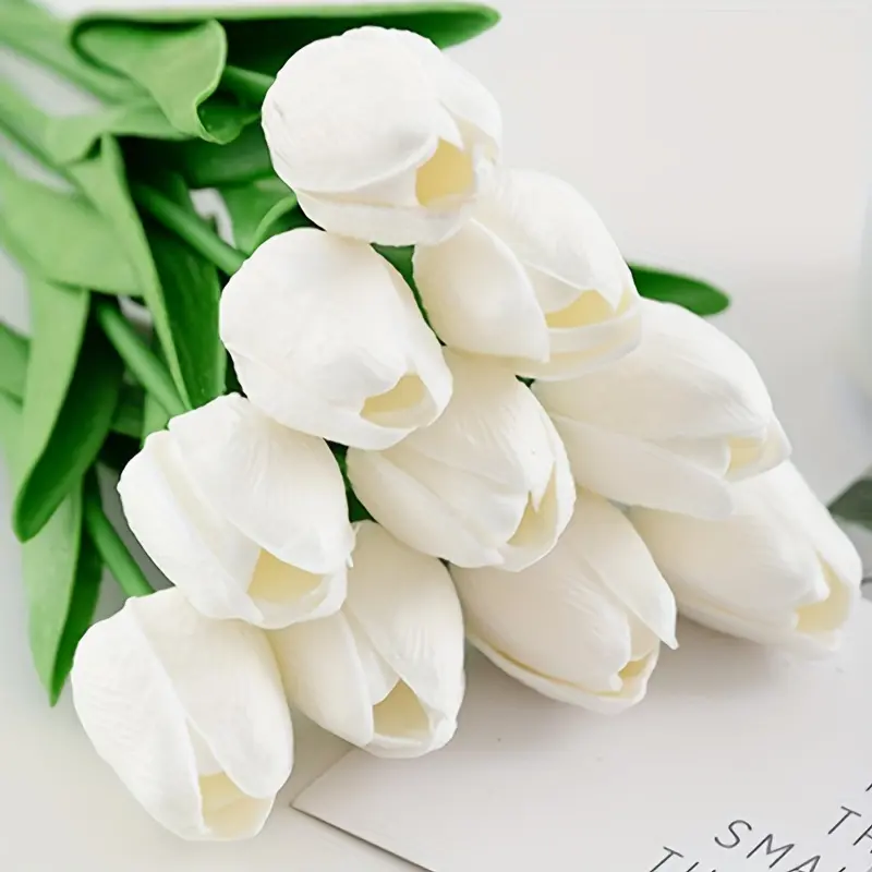 3/6/10pcs Elegant or Tulip Artificial Flowers with Leaves, Durable Polyurethane Wedding Decor, Floral Decoration, No Battery Needed, Long-Lasting Home Decoration, Artificial Flowers Bouquet, Faux Artificial Flowers