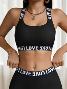 Women's / Stretch Sports Bra with Love Letter Pattern, Wide Straps, Padded, Breathable Mesh Back, Medium Support, Daily Wear, Gym Sports Bra, Workout Bras