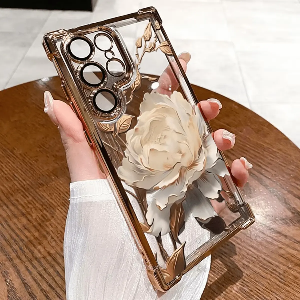 For Samsung S22 S23 S24 S25 S26 FE Plus Ultra, Vintage Cream Peony Black Electroplated Clear Phone Case, Soft Non-Slip Smooth Grip, Anti-Yellow Airbag Shockproof Raised Camera Elegant Floral Women Samsung Protective Cover