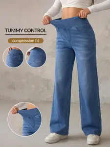 Women's Straight Leg Street Casual Sporty Soft Knit Denim Jeans Wide Leg Pants, Loose-Fitting Elastic High Waist with Pockets, All Seasons