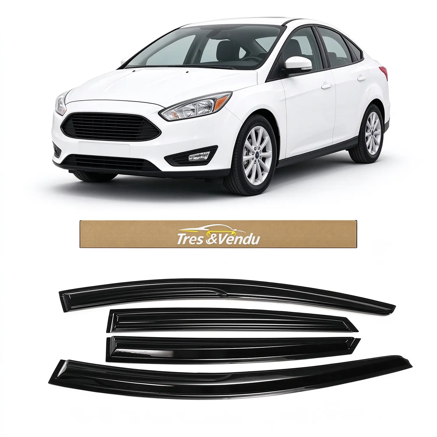 Tresvendu-For Ford Focus 4 Door Sedan 2012-2018，4X Out-Channel Window Visors,with Water Channels，Tape-on,Smoke# Rain guard# Rainproof#Sun Shade#UV Protection# Easy-Install # Vent Shades# Car Windshield# Car Weather Shields# Wind Deflector
