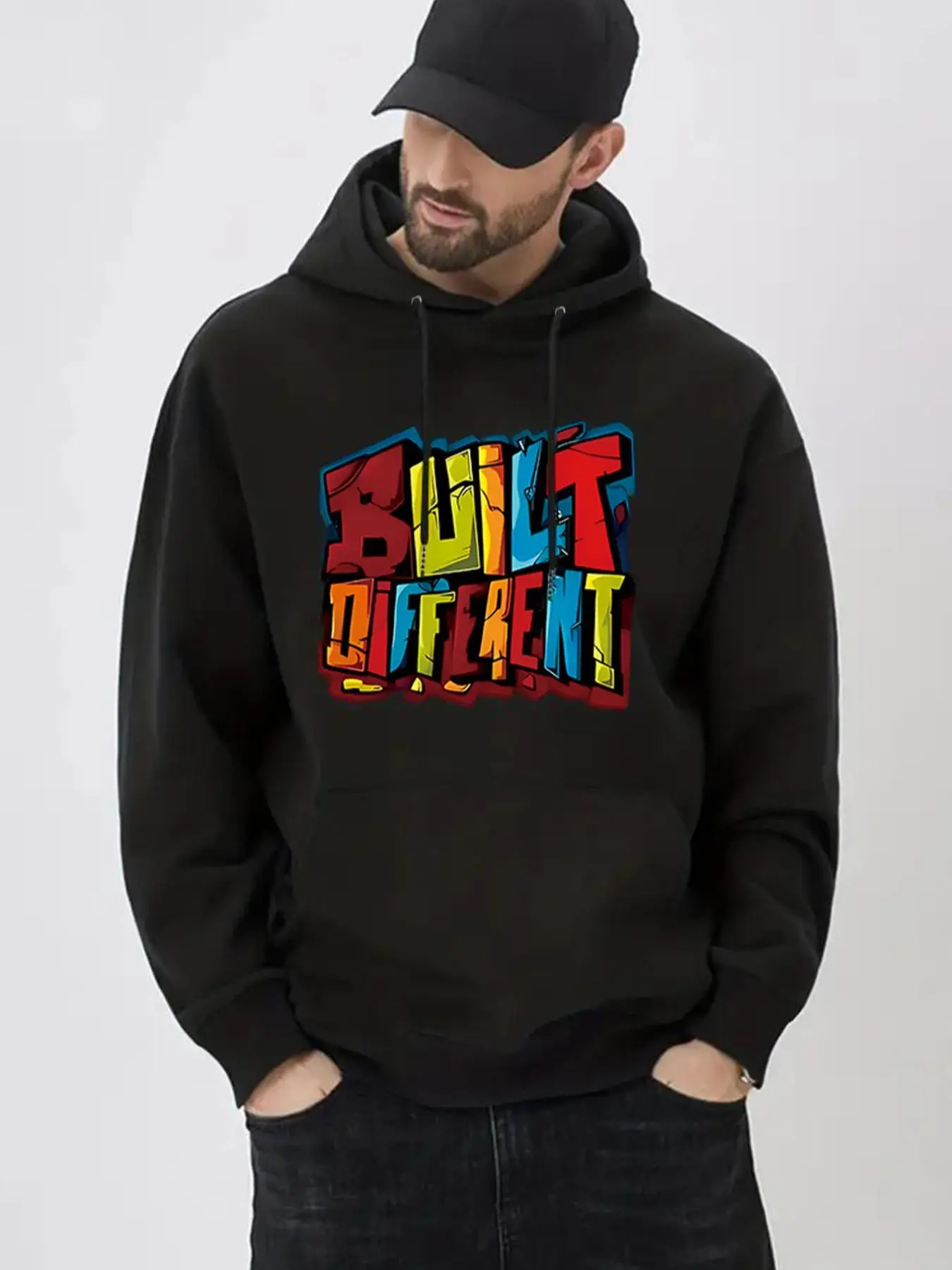 Unisex Men's Colorblock Letter Print Drawstring Pocket Drop Shoulder Hoodie, Casual Soft Comfy Hooded Long Sleeve Pullover For Daily Outdoor, Men's Cl