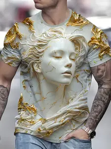 Men's Gold Marble Print T-Shirt, Fashion Short Sleeve, Casual Round Neck, Lightweight Breathable Fabric, Perfect for Summer, Daily Wear