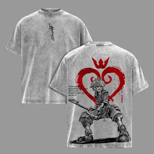 Sora Kingdom Hearts Tee Washed – Kingdom Hearts Vintage Washed Heavy Cotton Oversized Graphic T-Shirt , Retro Anime Game Crossover Streetwear, Keyblade Wielder Heartless Emblem Edition, Unisex Aesthetic Top