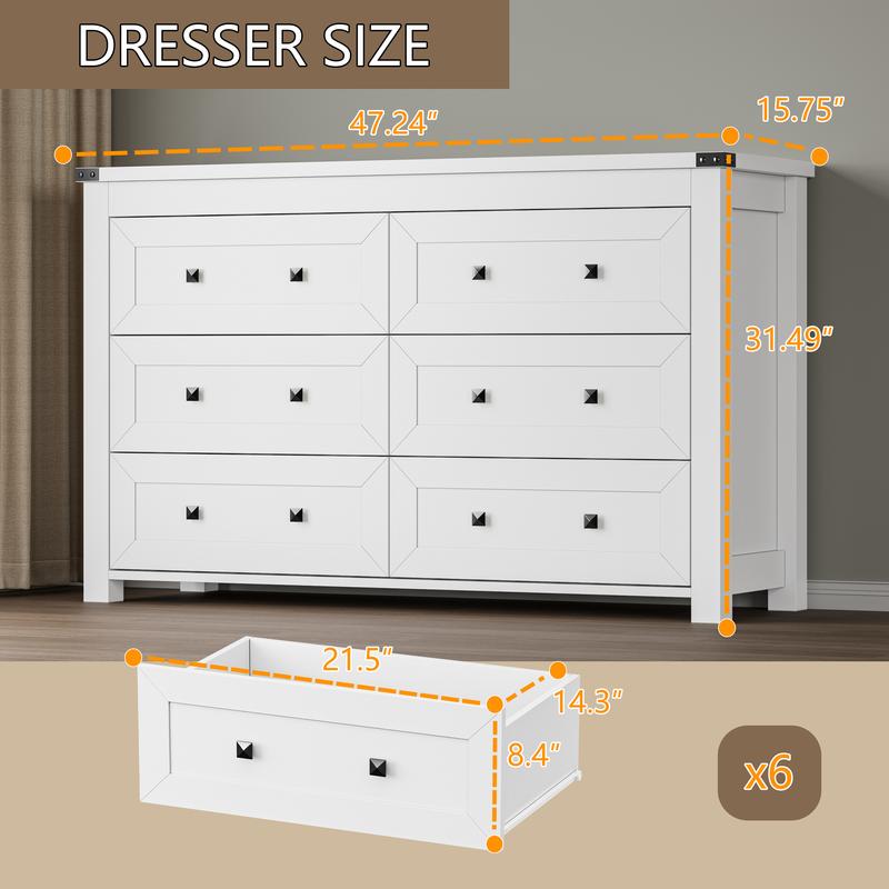 White Dresser 6 Drawer Dresser for Bedroom, Modern Wood Chest of Drawers with Metal Handles, TV Stand and Storage Cabinet for Living Room, Hallway, Nursery, Closet