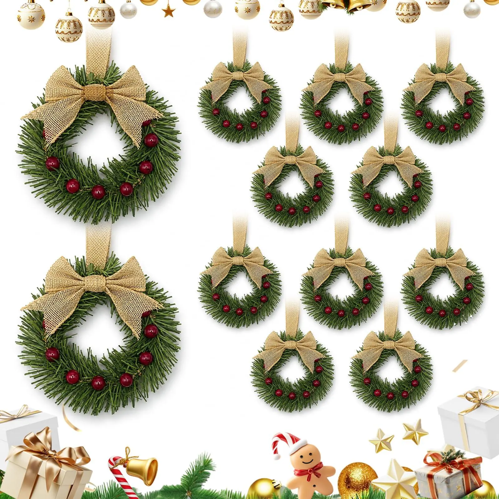 Garvee 12pcs Mini Christmas Wreath Set,10" Christmas Wreath with Bow&Berry | Small Christmas Wreath WIth Pine Needles Branche,Bow,Berry for Cabinets,Windows Outside, Pet Door Decoration