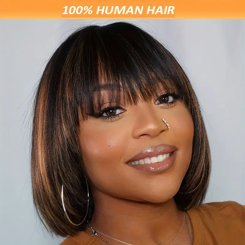 2025 Wholesale Female Natural Look Short Bob Wig with Bangs - Glueless Brazilian Virgin Human Hair, 150% Density High Volume, Rose Net Cap Secure Fit, Machine-Made Elegant Brown Wig for Everyday, Special Events